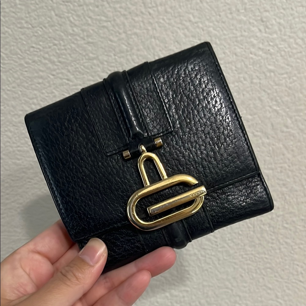 Gucci Black Leather Compact Wallet with Gold Accent